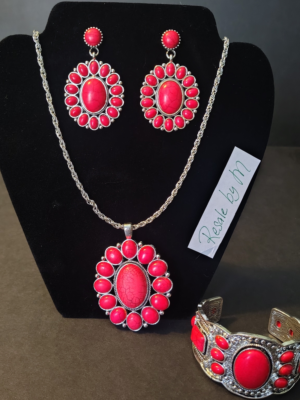 Red Stone Pendant Necklace & Earring Set with Matching Cuff - Women Jewelry